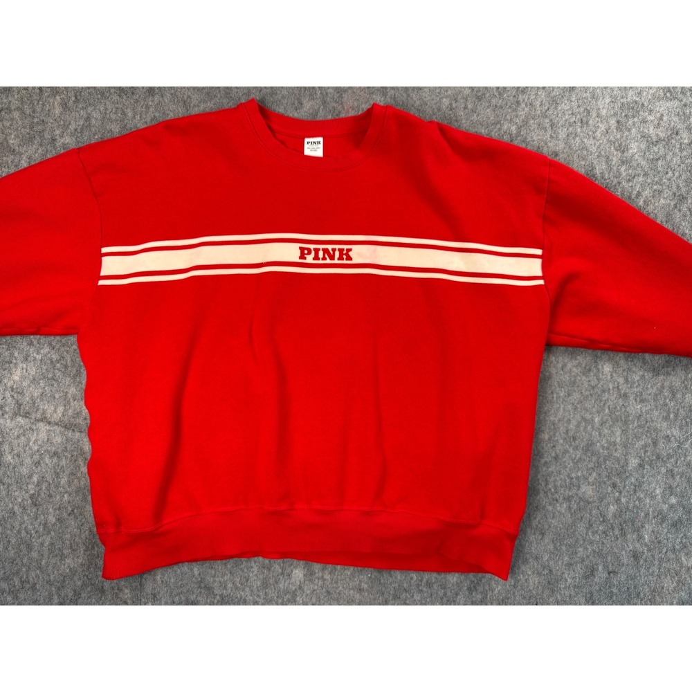 Victoria's Secret PINK Red Crewneck Sweatshirt Oversized Logo Stripe XXL